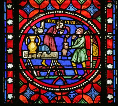 Window depicting Scene from the life of Saint Bonnet: Saint Bonnet pouring out wine by French School